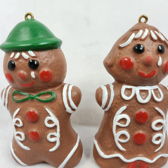 Vintage Painted Ceramic Bisque Gingerbread Couple Christmas Tree Ornaments - Picture 6 of 12